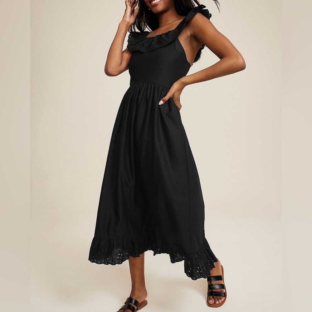 Maurice Eyelet Black Ruffle Sleeveless Midi Dress